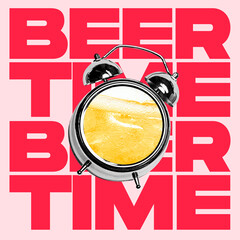 Contemporary art collage of alarm with lager beer clock face isolated over pink background with red...