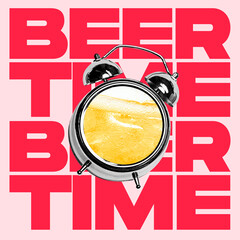 Contemporary art collage of alarm with lager beer clock face isolated over pink background with red letters