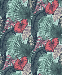 Beautiful seamless pattern with tropical jungle palm, monstera, banana leaves.