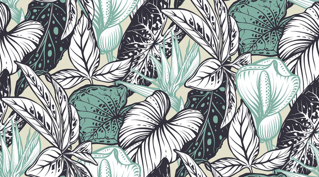 Beautiful seamless pattern with tropical flowers, jungle palm, monstera, banana leaves.