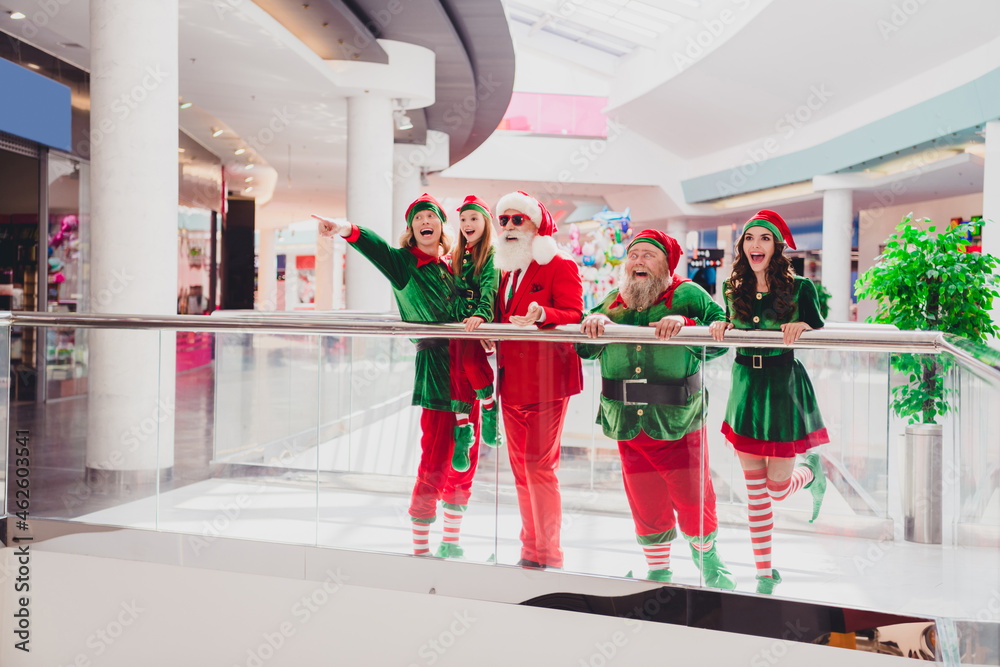 Canvas Prints Full length body size view of attractive cheerful cool elfs pointing dream look advent advert sign at shopping mall indoors