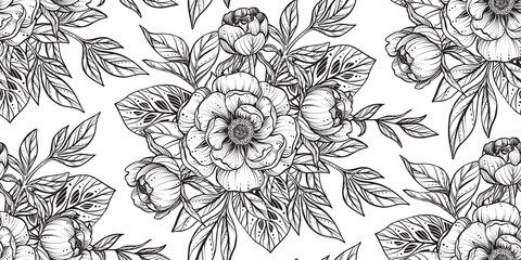 Vector floral seamless pattern. Romantic elegant endless background with hand drawn peony flowers © natality