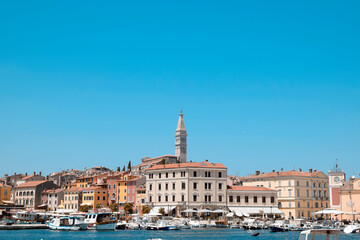 Obraz premium View of old town of Rovinj, Istria, Croatia. Adriatic sea, Rovinj. Old town of Rovinj and the cathedral of St. Euphemia