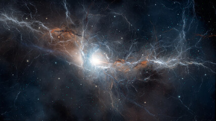 Space background. Colorful fractal nebula in orange and blue color with stars. Digital painting