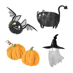 Halloween set with ghost, bat, black cat and pumpkins. Vector watercolor illustration.