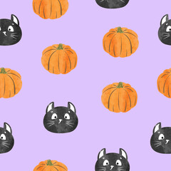 Seamless Halloween pattern with cute black cats and pumpkins