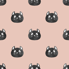 Seamless funny black cat pattern. Vector watercolor illustration with cats faces