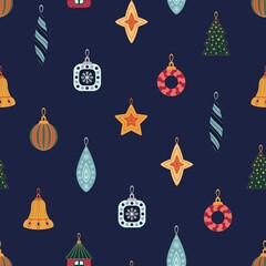 Christmas decorations. New Years design of fabric, packaging, gift paper. Seamless pattern.