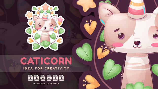 Cartoon character funny animal caticorn - cute sticker.