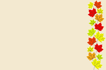 Vector autumn maple leaves lined along the edge of the picture on a beige background. Autumn composition. Frame made of natural materials. Space for text