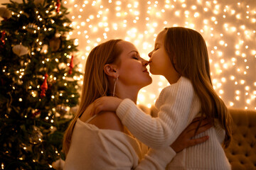 Lovely mother daughter moment of celebration. Daughter kissing her moms nose with LED lights in...