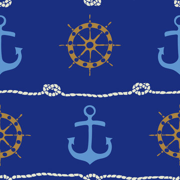 Seamless vector pattern with anchor and ship wheel on blue background. Simple nautical wallpaper design. Decorative marine life style fashion textile.