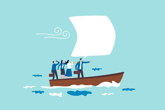 Leadership to lead team and guide direction, motivation and inspiration to drive company to achieve success concept, confidence businessman manager leader with speech bubble to sail the ship forward.