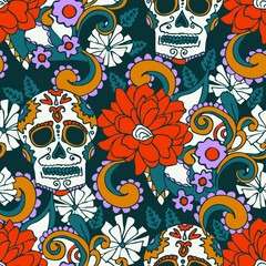 Fototapeta premium Seamless vector pattern with textured skull and flowers on teal green background. Mexico festive wallpaper design. Decorative floral fashion textile.