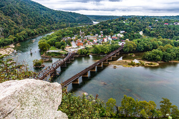 Harpers Ferry a the confluence of the Potomac and Shenandoah Rivers on a cloudy day