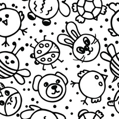  seamless pattern stylized animal and bird faces on a light background