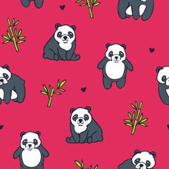 Seamless vector pattern with cute pandas on red background. Simple hand drawn animal wallpaper design. Decorative wildlife fashion textile.