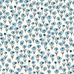 Seamless pattern with hand drawn small windflowers, Anemone, in Ditzy style. Vector illustrations of blue flowers on white background for surface design and other design projects