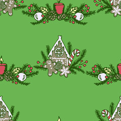 Seamless vector pattern with Gingerbread house and candle on green background. Simple Christmas sweet wallpaper design. Decorative festive fashion textile.