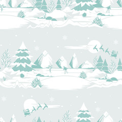 Seamless vector pattern with winter landscape on beige background. Simple Christmas wallpaper design. Decorative ice skating fashion textile.