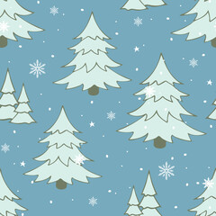 Seamless vector pattern with simple winter forest on blue background. Christmas festive wallpaper design. Decorative snow season fashion textile.