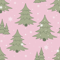 Seamless vector pattern with Christmas tree forest  on pink background. Festive landscape wallpaper design. Decorative winter fashion textile.