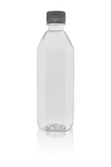 An empty bottle made of transparent colorless plastic, closed with a lid. Isolated on a white background, with reflection.