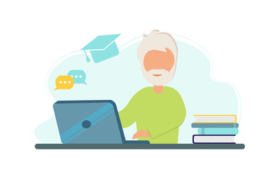 An elderly man studying with laptop and books. Online education concept. Stay at home. Self-isolation. Illustration in flat style.