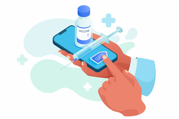 Hands holding smartphone with Vaccine bottle and syringe on screen.