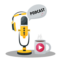 Vector illustration with podcast concept. broadcasting, radio, online webinar, training. Headphones and microphone for podcast