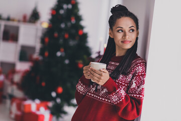 Portrait of attractive dreamy cheery girl drinking cacao enjoying festal day daydream rest...