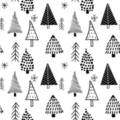 Seamless scandinavian style patterns from hand drawn stylized Christmas trees. Vector backgrounds for gift wrapping, wallpaper, textile designs