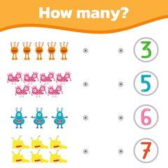 Math colorful game for kids. How many cute monsters are there.