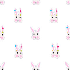 Bunny with flowers Happy Easter seamless fabric design pattern