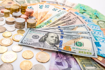 Money US dollars and Euro Coins, different monetary coins, a lot of different money finance banknotes of different countries
