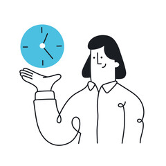 Woman holding a clock in his hand. Time management, planning, organizes working time, effective business, deadline. Outline, linear, thin line, doodle art. Simple style with editable stroke.