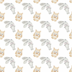 Digital seamless background with bunny and owlet. Perfect for printing, web, textile design, various souvenirs, scrapbooking and other ideas.