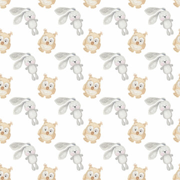 Digital seamless background with bunny and owlet. Perfect for printing, web, textile design, various souvenirs, scrapbooking and other ideas.