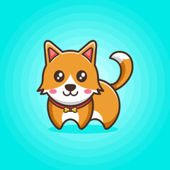 Cute orange dog or puppy with smiling face and wearing bone necklace in blue background