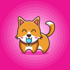 Cute orange puppy dog with smiling face and biting a blue ball in pink background