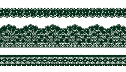 Green Trim Lace Ribbon. Jacquard Mesh Lace Fabric. - obrazy, fototapety, plakaty