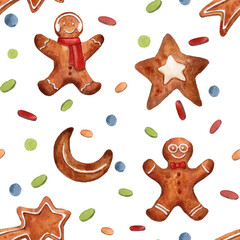 Watercolor hand drawn seamless pattern with stars and gingerbread men, stars, moon and confetti; Christmas texture for textile and wrapping paper