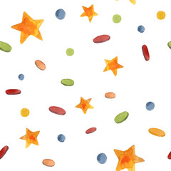Watercolor hand drawn seamless pattern with confetti and stars; Christmas texture for textile and wrapping paper