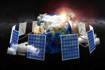 Earth with solar panels over space surrounded by clouds, 3d illustration