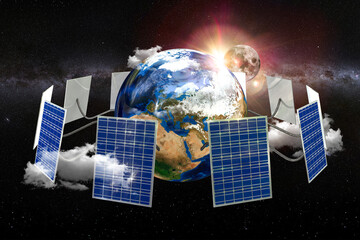 Earth with solar panels over space surrounded by clouds, 3d illustration