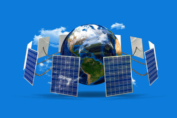 Earth with solar panels on blue background surrounded by clouds, 3D illustration