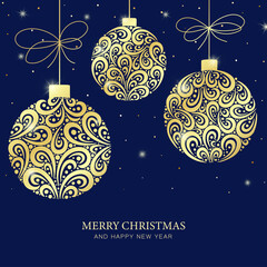 Merry Christmas navy background with golden Christmas balls, confetti and glares. Happy New Year gold texture design as card, postcard, poster, banner.