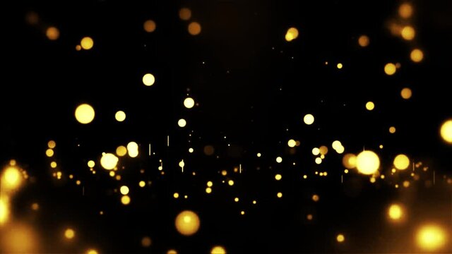 Particle gold dust flickering on black background. Gold Particles Moving Background. Gold Dust Waves. Particle from below. 4k abstract Footage background for text.	