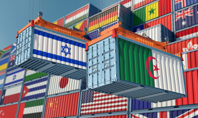 Freight containers with Algeria and Israel national flags. 3D Rendering 