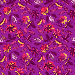 Seamless organic abstract pattern with flowers, leaves